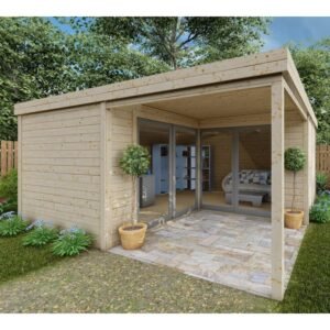 Bureau de jardin en bois massif avec terrasse 18,6m² – madriers 40mm traités et teintés marron Gardy Shelter